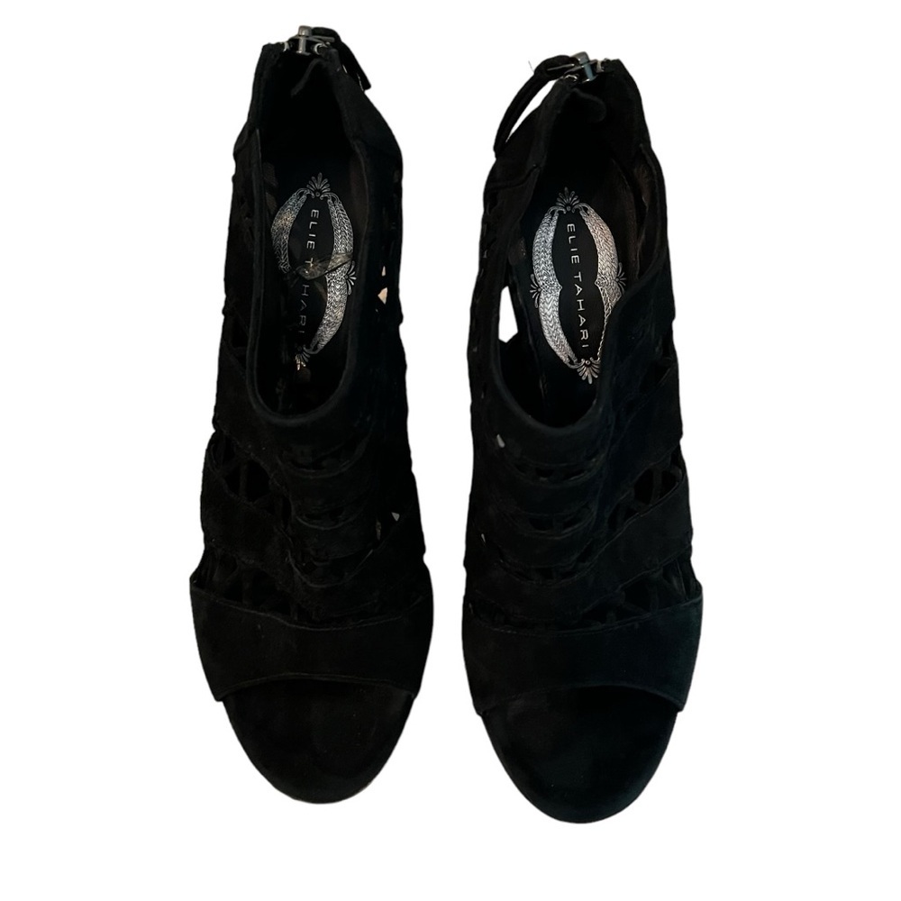 Elie Tahari Black Suede Peep Toe Stiletto Platform Booties / Heels, US 8. - Picture 5 of 7